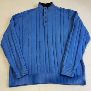 Nautica Sweater Mens XL Blue Large Cable Knit Mock Neck 1/4 Button Preppy Chunky
